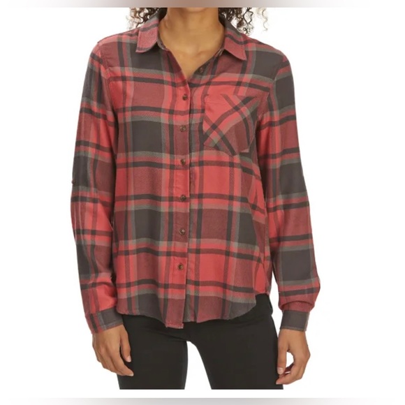 Pink Rose Tops - Vintage Wash Red and Black Flannel Plaid Button Down Top